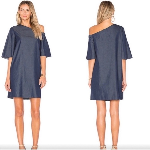 TIBI Dark Denim One Shoulder Mini Shift Dress Dark Blue Cotton Lightweight 4 NEW - Picture 1 of 13